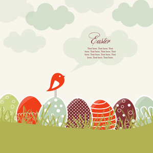 卡与多彩的复活节彩蛋和鸟