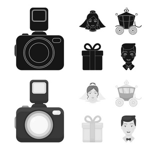 新娘, 摄影, 礼物, 婚礼车。婚礼集合图标黑色, 单色风格矢量符号股票插图