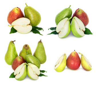 很多大的, 成熟的, 明亮的梨。梨在白色背景, 整体和在横断面