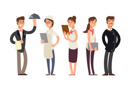 厨师, 品酒师和女招待卡通人物.餐厅厨房团队矢量概念照片