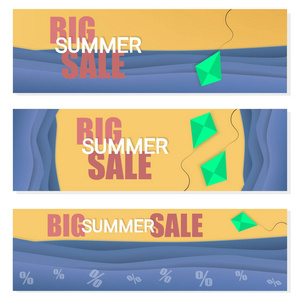 一套三大的夏季销售横幅。向量例证与海滩海和绿色风筝