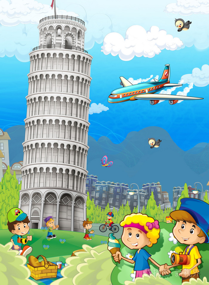 欧洲具有为孩子们的孩子-比萨斜塔-插图的标志性和历史的建筑