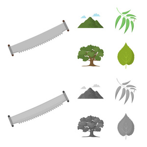 山, 云, 树, 树枝, 叶子。森林集合图标在卡通, 单色风格矢量符号股票插画网站