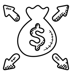 一袋笔钱用箭头象征共同基金或周转基金