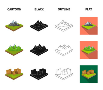 山, 岩石和风景。浮雕和山脉集合图标在卡通, 黑色, 轮廓, 平面式等距矢量符号股票插画网站