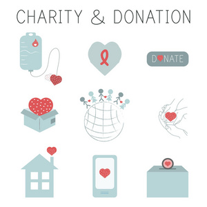 慈善和捐赠图标设置。矢量插图