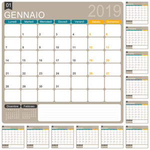 意大利日历模板2019年, 设置12月, 周开始于星期一, 可打印日历模板