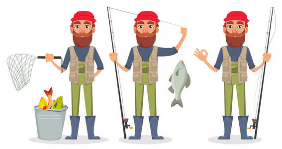 费舍尔卡通人物, 集三体式。渔民用鱼竿和鱼, 用水桶和鱼竿。矢量插图