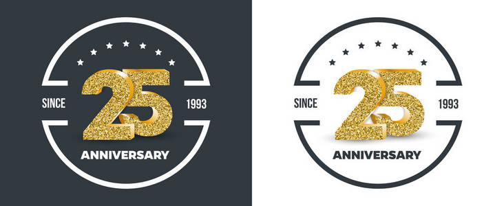第二十五周年纪念标志在黑暗和白色背景。25年纪念横幅。矢量插图