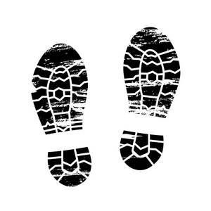 脚印和鞋印图标的黑白显示裸露的脚和鞋底的印记与男性和女性鞋类的模式。鞋靴印记