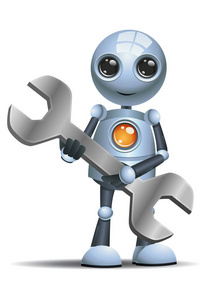 一个快乐的机器人小机器人的插图在孤立的白色背景上持有机械工具扳手