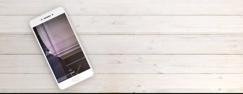 智能手机与破碎的屏幕隔离在木质背景, 复制空间, 横幅。3d 插图
