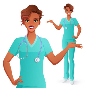微笑的医生呈现。穿着医疗制服的女人孤立向量插图