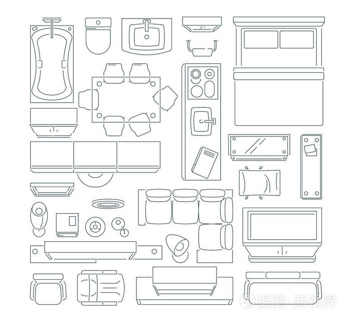 公寓布置的不同家具的顶部视图.矢量单音线图片集