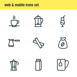 矢量图 9 java 图标线样式。可编辑的茶叶袋, 鸡尾酒, 法国媒体和其他图标元素集