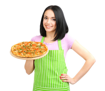 女孩与美味披萨上白色隔离的家庭主妇
