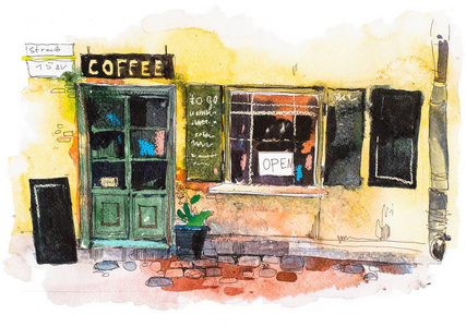 城市风景园林街咖啡厅水彩插画图片