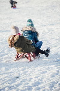 两个女孩的后视图在雪地里一起滑下一座小山