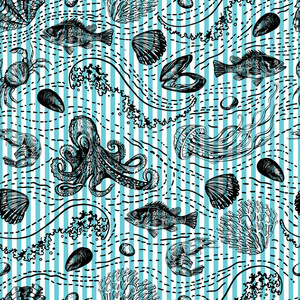 条纹背景下的水下动物图形模式图片