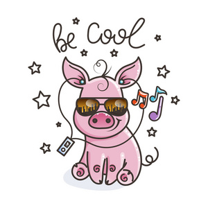 可爱的卡通婴儿猪在一个凉爽的太阳镜