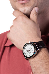 男士手表用皮带和白色表盘, 在手上