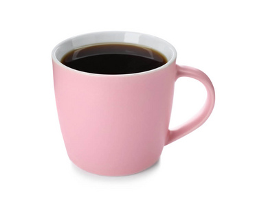 粉红色陶瓷杯, 热芳香咖啡白色背景