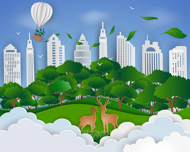 生态友好拯救世界与环境理念, 纸艺景观与鹿族和城市背景, 矢量插画