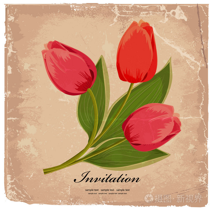 美丽的郁金香复古纹理上的花束