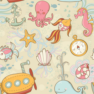水下生物可爱卡通无缝模式图片