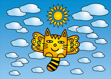一只有翅膀的卡通猫在云层中飞翔.积极有趣的图画.矢量图片照片