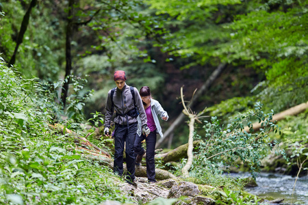 人们徒步漫步在山地森林里