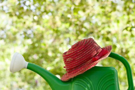 花园喷壶和一顶帽子