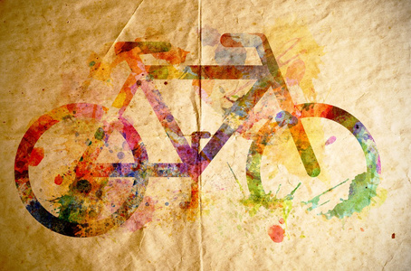 水彩的自行车，旧纸张背景