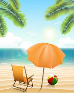 与阳伞 椅子 球和棕榈树的沙滩