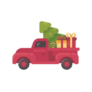 老红色卡车与圣诞树和礼物