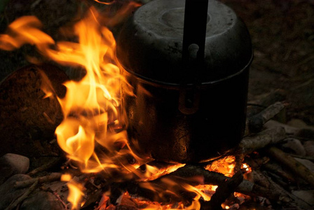 在森林里过夜野营的晚餐。在篝火里一个铝制炊具的特写镜头。木柴可见