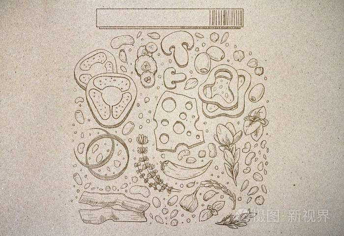 抽象的食物罐子画在灰色纸背景艺术理念