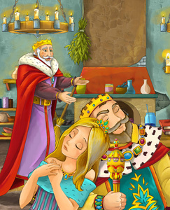 卡通场景与幸福的国王看着其他睡眠皇家夫妇插画儿童