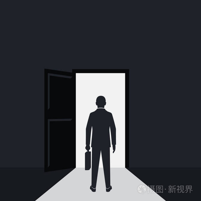 生意人剪影步行到打开的门