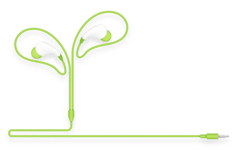 耳机, 在耳型绿颜色和叶子植物的标志制成的电缆隔离在白色背景, 与复制空间