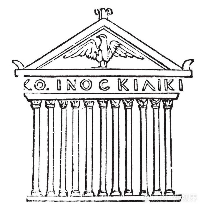 寺庙长方形建筑上肢由三角形的身影无论是在前后复古线条画或雕刻插图