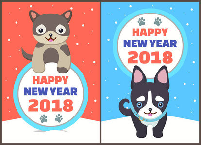 新年快乐2018狗设置矢量插图