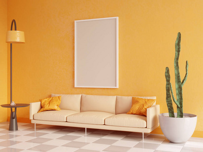 横向海报模拟与框架, 沙发, 灯和植物。3d 渲染。插图