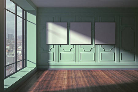现代内饰, 墙上有空横幅, 木地板和阳光。模拟, 3d 渲染