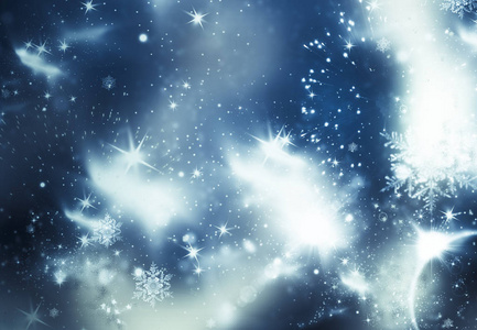 假日抽象闪光的背景闪烁的星星和飘落的雪花。模糊的圣诞灯散
