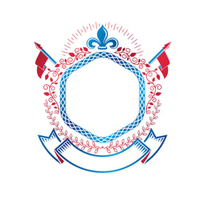 图形会徽由皇家象征百合花, 月桂花环和旗帜组成.纹章矢量设计元素.