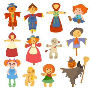 不同的花园娃娃玩具字符游戏礼服和农场稻草人布娃娃矢量插图