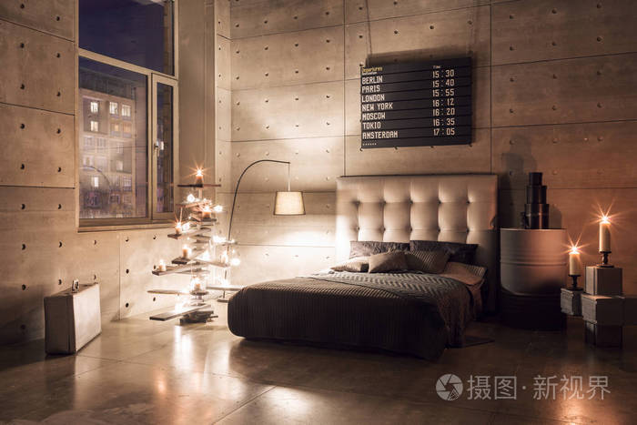 现代空卧室的阁楼风格与灰色的颜色和木制的手制作圣诞树与礼物.