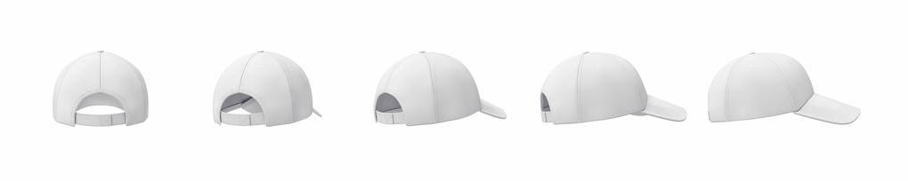 3d 渲染五白色棒球帽在一条线从背面到侧面视图在白色背景上显示