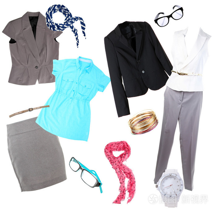 现代的衣服和配件上白色隔离的抽象拼贴画